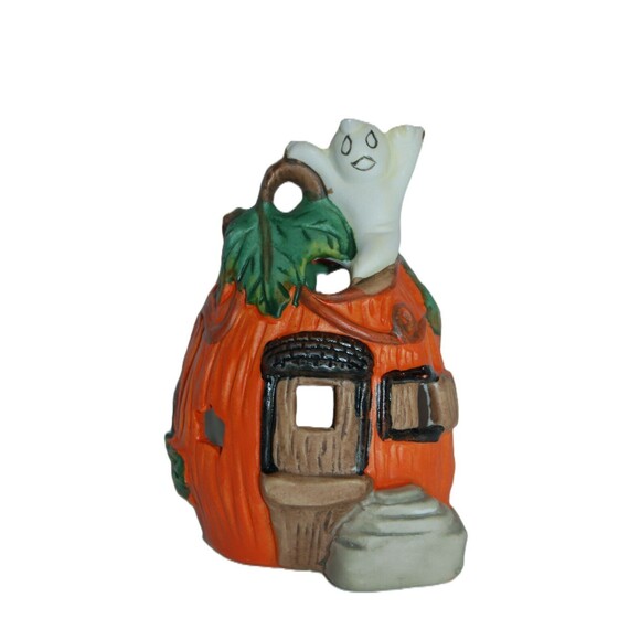 VINTAGE 4.5”x3.5” HALLOWEEN TEA LIGHT CANDLE HOLDER PUMPKIN HOUSE WITH GHOST - Picture 7 of 7